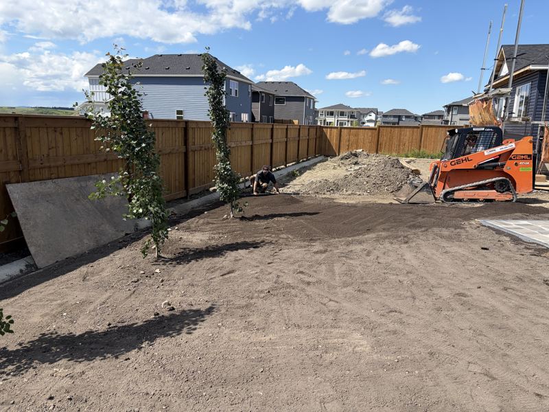 Grading topsoil with a track loader before sod