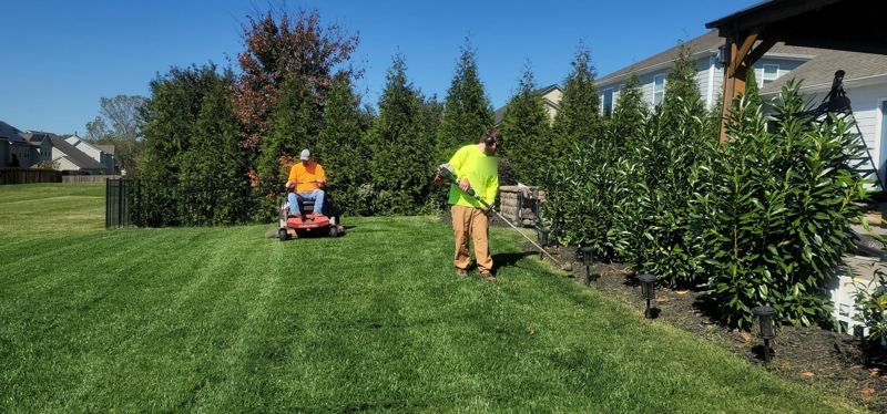 Crew mowing and trimming a large lawn along a garden bed
